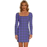 Blue Tartan Plaid 1 Long Sleeve Square Neck Bodycon Velvet Dress