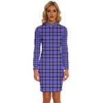 Blue Tartan Plaid 1 Long Sleeve Shirt Collar Bodycon Dress