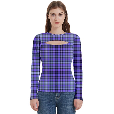 Blue Tartan Plaid 1 Women s Cut Out Long Sleeve T