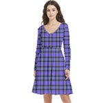 Blue Tartan Plaid 1 Long Sleeve V-neck skater dress with Pockets