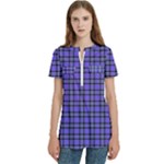 Blue Tartan Plaid 1 Women s Zip Front V-Neck Short Sleeve Casual Top Pocket Shirt