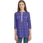 Blue Tartan Plaid 1 Women s Zip Front V-Neck 3/4 Sleeve Casual Top Pocket Shirt