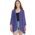 Blue Tartan Plaid 1 Open Front 3/4 Sleeve Batwing Chiffon Cardigan Kimono