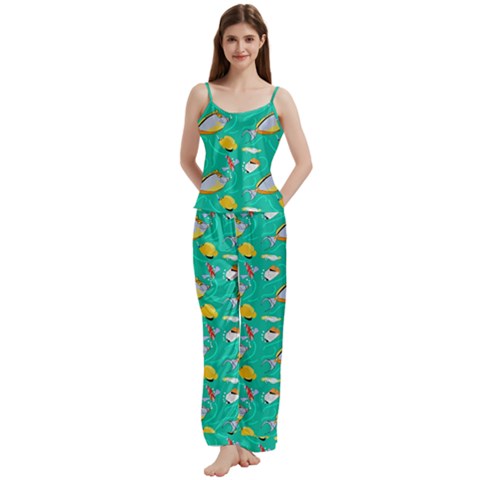 Naso Flame Fabric Spaghetti Top Long Pants Satin Pajamas Set from ArtsNow.com