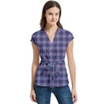 Purple Plaid Tartan 1 Women s Cap Sleeve Mandarin Collar Waist Tie Blouse