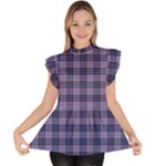 Purple Plaid Tartan 1 Ruffle Collar Short Sleeve Chiffon Top