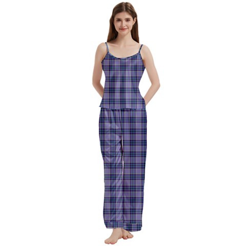 Purple Plaid Tartan 1 Spaghetti Top Long Pants Satin Pajamas Set from ArtsNow.com