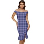 Purple Plaid Tartan 1 Off Shoulder Ruffle Split Hem Bodycon Dress