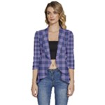 Purple Plaid Tartan 1 Women s 3/4 Sleeve Ruffle Edge Open Front Jacket