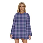 Purple Plaid Tartan 1 Round Neck Long Sleeve Bohemian Style Chiffon Mini Dress