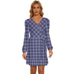 Purple Plaid Tartan 1 Long Sleeve Waist Tie Ruffle Velvet Dress