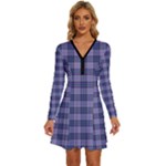 Purple Plaid Tartan 1 Long Sleeve Deep V Mini Dress 