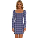 Purple Plaid Tartan 1 Long Sleeve Square Neck Bodycon Velvet Dress