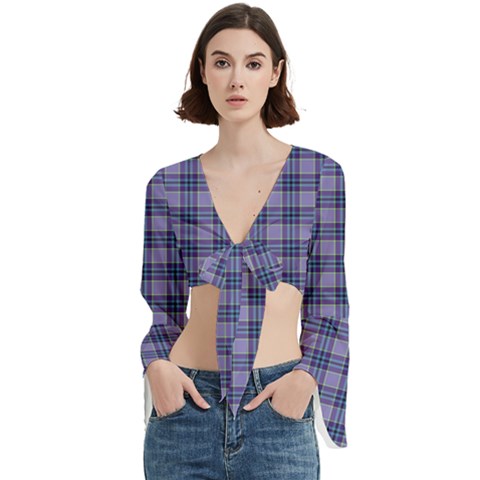 Purple Plaid Tartan 1 Trumpet Sleeve Cropped Top from ArtsNow.com