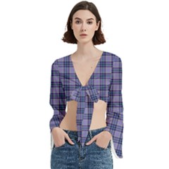 Purple Plaid Tartan 1 Trumpet Sleeve Cropped Top from ArtsNow.com