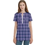 Purple Plaid Tartan 1 Women s Zip Front V-Neck Short Sleeve Casual Top Pocket Shirt