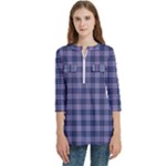 Purple Plaid Tartan 1 Women s Zip Front V-Neck 3/4 Sleeve Casual Top Pocket Shirt