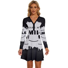 Long Sleeve Deep V Mini Dress  