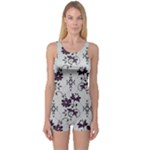 Elegant Purple Floral Jacquard Mesh Lace Fabric One Piece Boyleg Swimsuit