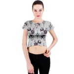 Elegant Purple Floral Jacquard Mesh Lace Fabric Crew Neck Crop Top