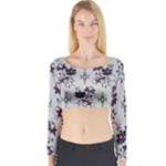 Elegant Purple Floral Jacquard Mesh Lace Fabric Long Sleeve Crop Top