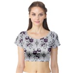 Elegant Purple Floral Jacquard Mesh Lace Fabric Short Sleeve Crop Top