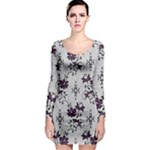 Elegant Purple Floral Jacquard Mesh Lace Fabric Long Sleeve Bodycon Dress