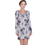 Elegant Purple Floral Jacquard Mesh Lace Fabric Long Sleeve Nightdress