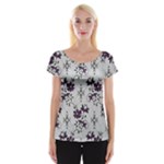 Elegant Purple Floral Jacquard Mesh Lace Fabric Cap Sleeve Top