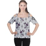 Elegant Purple Floral Jacquard Mesh Lace Fabric Cutout Shoulder T-Shirt