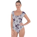 Elegant Purple Floral Jacquard Mesh Lace Fabric Short Sleeve Leotard 