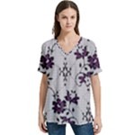 Elegant Purple Floral Jacquard Mesh Lace Fabric V-Neck Split Shoulder Casual T-Shirt