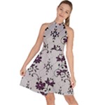 Elegant Purple Floral Jacquard Mesh Lace Fabric Sleeveless Halter Neck A-Line Dress