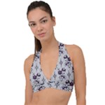 Elegant Purple Floral Jacquard Mesh Lace Fabric Halter Plunge Bikini Top