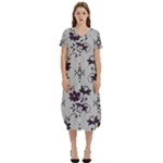 Elegant Purple Floral Jacquard Mesh Lace Fabric T-Shirt Midi Dress With Pockets