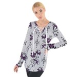 Elegant Purple Floral Jacquard Mesh Lace Fabric Tie Up T-Shirt