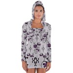 Elegant Purple Floral Jacquard Mesh Lace Fabric Long Sleeve Hooded T-shirt