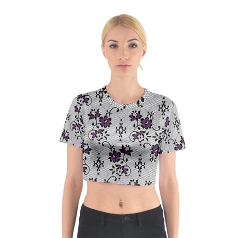 Elegant Purple Floral Jacquard Mesh Lace Fabric Cotton Crop Top from ArtsNow.com