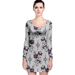 Elegant Purple Floral Jacquard Mesh Lace Fabric Long Sleeve Velvet Bodycon Dress