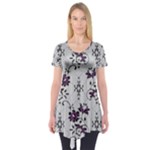 Elegant Purple Floral Jacquard Mesh Lace Fabric Short Sleeve Tunic 