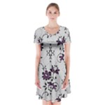 Elegant Purple Floral Jacquard Mesh Lace Fabric Short Sleeve V-neck Flare Dress