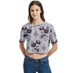 Elegant Purple Floral Jacquard Mesh Lace Fabric Women s Round Neck Short Sleeve Crop Top