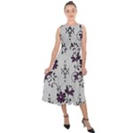 Elegant Purple Floral Jacquard Mesh Lace Fabric Midi Tie-Back Chiffon Dress