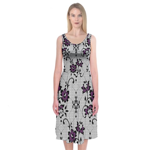 Elegant Purple Floral Jacquard Mesh Lace Fabric Midi Sleeveless Dress from ArtsNow.com