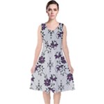 Elegant Purple Floral Jacquard Mesh Lace Fabric V-Neck Midi Sleeveless Dress 