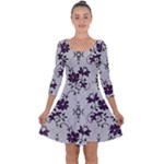 Elegant Purple Floral Jacquard Mesh Lace Fabric Quarter Sleeve Skater Dress