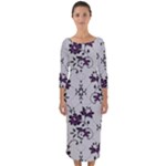 Elegant Purple Floral Jacquard Mesh Lace Fabric Quarter Sleeve Midi Bodycon Dress