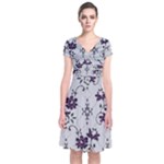 Elegant Purple Floral Jacquard Mesh Lace Fabric Short Sleeve Front Wrap Dress