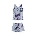 Elegant Purple Floral Jacquard Mesh Lace Fabric Kids  Boyleg Swimsuit