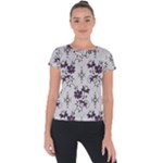 Elegant Purple Floral Jacquard Mesh Lace Fabric Short Sleeve Sports Top 